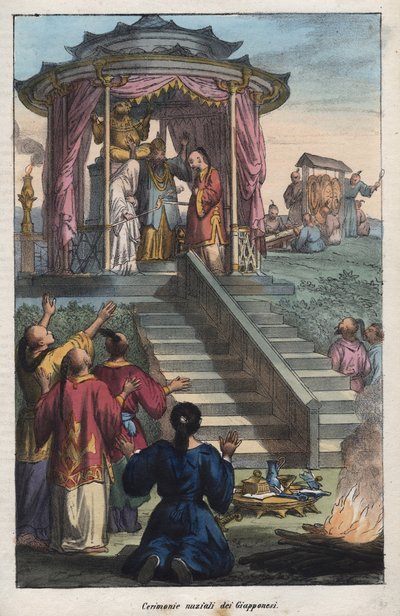 Japanske bryllupper - japanernes bryllupsceremoni - gravering fra "" skikke og traditioner for alle folk i universet. Det vil sige historien om regeringen, lovene, militsen, om alle nationers religion fra de fjerneste tider til i dag "1 af Unknown artist