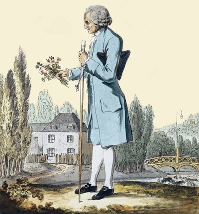 Jean-Jacques Rousseau (1712-78) Samler urter i Ermenonville, juni 1778 - Repræsentation af filosoffen Jean Jacques Rousseau (1712-1778), der plukker blomster i Ermenonville. af Unknown artist