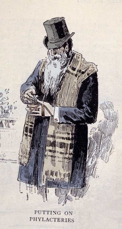 Jødisk religion: en gammel jødisk mand iført bønnelime (Talit eller Tzitzit), gravering fra 1890 af Unknown artist