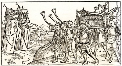 Jøder bærer Pagtens Ark foran Jerikos kollapsende mure af Unknown artist