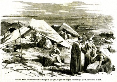 Jøder fra Marokko søger tilflugt i Algesiras i Spanien i midten af det 19. århundrede (kobberstik) af Unknown artist
