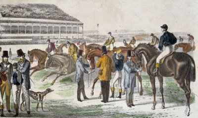 Jockeyer og deres heste før løbet - gravering, ca. 1850 af Unknown artist