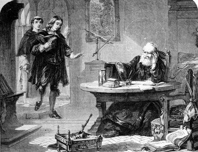 John Milton, engelsk digter og essayist (1608 - 1674) besøgte Galileo Galilei (Galileo) (1564 - 1642) i hans celle under Firenze-inkvisitionen. Gravering. 1860 ca. af Unknown artist