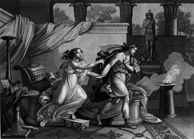 Josef flygter fra Putifars (Potifars) hustru i et forsøg på at forføre litografi fra det 19. århundrede af Unknown artist