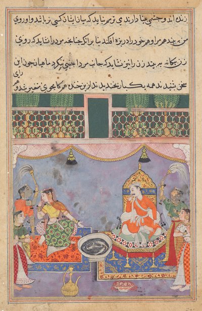 Kamjuy, Rajaens kone, afviser sit ansigt fra fiskene, fra en Tuti-nama (Fortællinger om en papegøje): Treogtyvende nat af Unknown artist