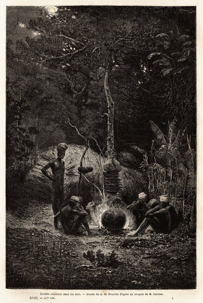 Kanaks laver mad i skoven, på Pamales territorium. Indgravering til illustration af turen til Ny Kaledonien af ​​Jules Garnier, civilingeniør i miner, i 1863-1866, udgivet i "Le tour du monde, nouveau journal des voyages", redigeret af Edouard C af Unknown artist