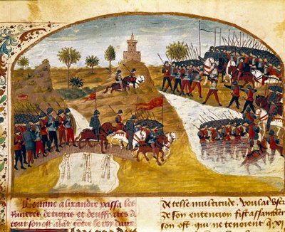 Kong Alexander den Store (356-323 f.Kr.) og hans hær passerer Tigeren og Miniature Eufrat fra "" Book of Facts of Alexander the Great"" af Quintus Curtius Rufus (Quinte Curce) (1. århundrede), omkring 1468. (Ms. 1335) Reims. Kommunebibliotek af Unknown artist