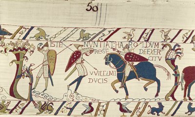 Kong Harolds budbringer giver ham nyheder om hertug Williams hær, Bayeux Tapestry (uldbroderi på linned) af Unknown artist