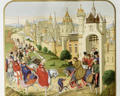 "" Kongen af Frankrig Charles IV modtog besøg af sin søster Dronningen af England Isabella af Frankrig (1292-1358), kone til Edward II, som kom for at søge tilflugt "" Ifølge Jean Froissarts krøniker. Barcelona fra det 19. århundrede. Sant Jordi Catalan Ro af Unknown artist