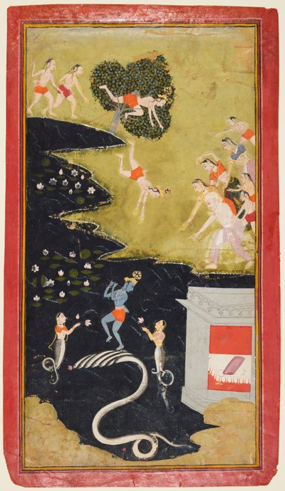 Krishna dæmper slangen Kalia, fra en Bhagavata Purana af Unknown artist