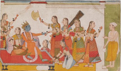 Krishna byder Sudama velkommen fra en <em>Bhagavata Purna</em> af Unknown artist