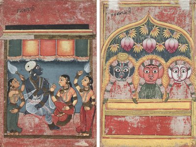 Krishna med Radha og to ledsagere (recto); Jagannath, Subhadra og Balarama i en bue (verso) af Unknown artist