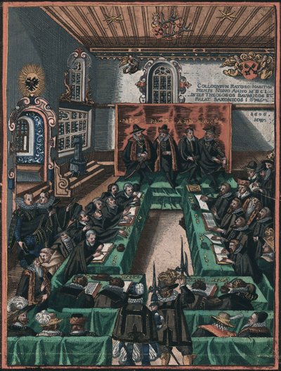 La conference religieuse de Ratisbonne en 1601 - The Regensburg Religious Colloquy of 1601, Anonymous . Kobberstik, akvarel, ca. 1605. Historisches Museum der Stadt Regensburg af Unknown artist