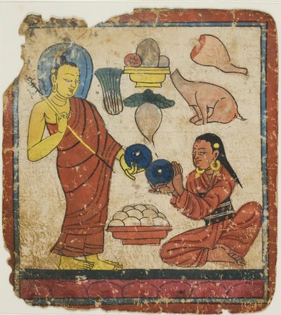 Dame, der tilbyder mad til en munk, fra et sæt indvielseskort (Tsakali) af Unknown artist