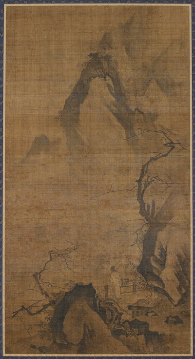 Landskab: bjerg og vand; En figur under et blommetræ af Unknown artist