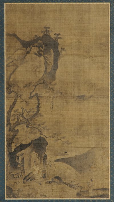 Landskab: bjerge og vand; en figur under et fyrretræ af Unknown artist