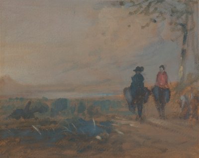 Landskab med sø og to figurer, der rider af Unknown artist