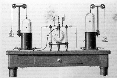 Lavoisier og Laplace apparater til dannelse af vand ved hjælp af oxygen og brintgasser, der brænder i en glaskolbe. Indgravering af det 19. århundrede. af Unknown artist