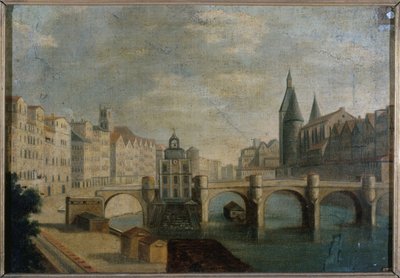 Le Grand Bras du Pont-Neuf et la pompe de la Samaritaine, ca. 1800, nuværende 1. arrondissement, mellem 1795 og 1805 (olie på lærred) af Unknown artist