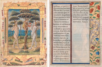 Blad fra en timebog: Adam og Eva og menneskets fald (Prefatory Miniature to the Office of the Jomfru) (recto) og tekst med illustreret kant (verso) (1 af 3 udskårne blade) af Unknown artist