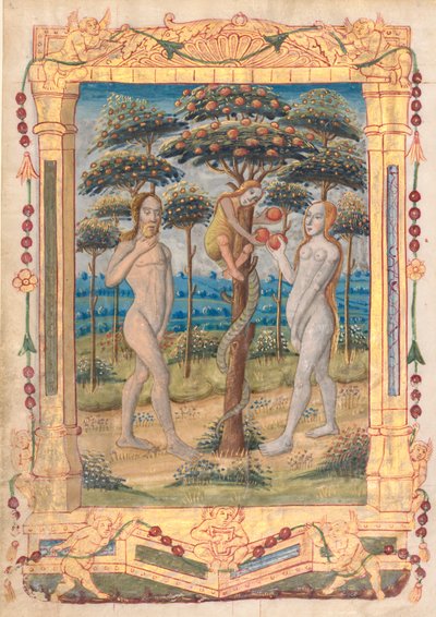 Blad fra en timebog: Adam og Eva og menneskets fald (præfatory miniature to the office of the jomfru) (recto) af Unknown artist