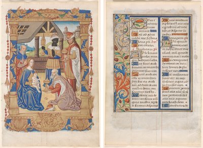 Blad fra en timebog: Tilbedelse af Magi (recto) og tekst med illustreret kant (verso) (3 af 3 udskårne blade) af Unknown artist