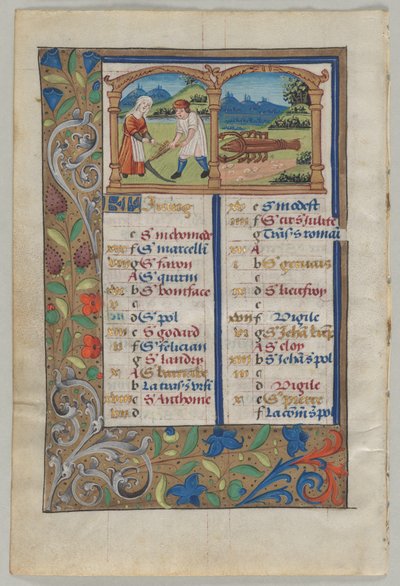 Blad fra en timebog: Kalenderside for juni (verso) af Unknown artist