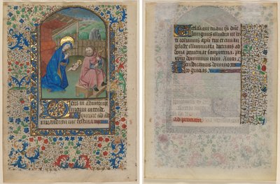 Blad fra en timebog: Fødselen (recto) og tekst (verso) af Unknown artist