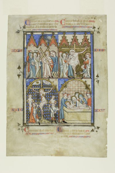 Blad fra en billedcyklus: Kristus bærer korset, korsfæstelsen, nedstigningen fra korset og gravlæggelsen af Unknown artist