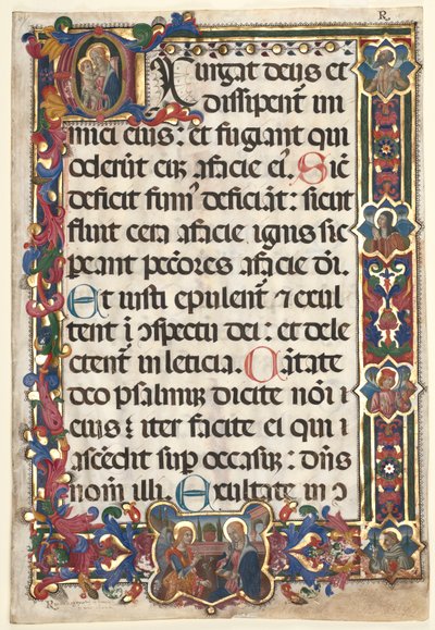 Blad fra en psalter med fuld kant med medaljoner (Bebudelse, SS. Jerome, Clare, Sebastian og Bernardino) og historisk initial (E): Jomfru og barn af Unknown artist