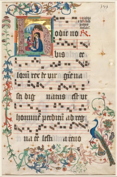 Blad fra et antifonarium: Indledende H med fødselsfødsel (recto) af Unknown artist