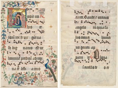Blad fra et antifonarium: Indledende H med Fødsel (recto) og tekst (verso) af Unknown artist