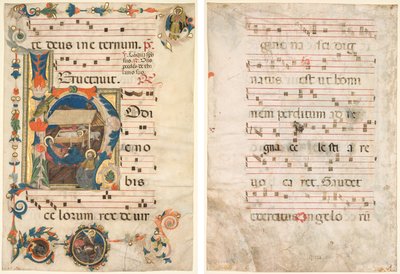 Leaf from an Antiphonary med Historiated Initial (H) med The Nativity (recto) og Music (verso) af Unknown artist