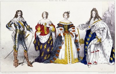 Les Bourbons: Ludvig XIII (1601-1643) og Anne af Østrig (1601-1666), Marie Therese af Østrig (eller Spanien) (1638-1683) og Ludvig XIV (1638-1715) - Tavle udtrukket fra konger og dronninger af Frankrig i tryk, Paris, udg. Swift af Unknown artist