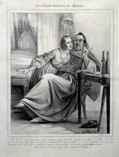 Les grands hommes en chemise Repræsentation af forfatteren Honore de Balzac (1799-1850), der omslutter en ung kvinde, mens hun ryger en cigaret. Illustration af E. Allet (1800-tallet) Paris, Maison Balzac af Unknown artist
