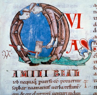 Lettrine Q"" repræsenterer de afskyelige munke (munke skovkøer)"" Miniature taget fra "Moralia i Job"" (eller kommentarer fra Jobs Bog) af St. Gregoire I sagde den store eller dialogen (532-604), Folio 59 af bind III, begyndelsen af det 12. århundrede af Unknown artist