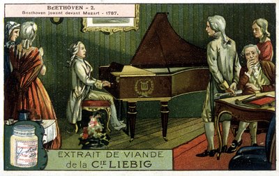 Liebig kromolitografi. Ludwig van Beethoven (1770/1827) spiller før Wolfgang Amadeus Mozart (1756/1791). Her i 1787. af Unknown artist