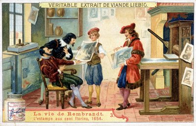 Liebig-kromolitografi om Rembrandts liv (1606 - 1669) hollandsk maler. Dette er trykket på 100 gylden i 1654. af Unknown artist