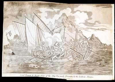 Løjtnant Turner og besætningen på skibet Tea blev taget til fange af Ladrone-piraterne (print) af Unknown artist
