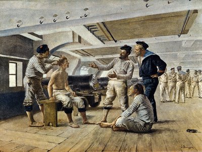 Livet ombord på et fransk krigsskib: skibsbarberen barberer sømændene, ca. 1800 af Unknown artist