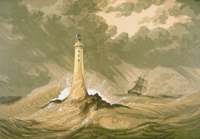 Fyrtårn med sejlskib af Unknown artist