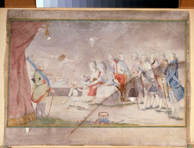 Kejserinde Catherine II med sin familie og hoffolk (kejserinde Catherine II med sin familie og hoffolk) - Anonymt værk, akvarel og blæk på papir, slutningen af ​​1780 af Unknown artist