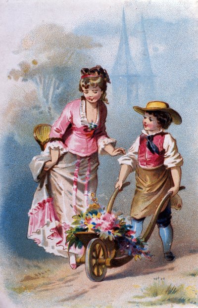 Lille gartner: en ung dreng med en trillebør fuld af blomster taler med en ung kvinde på vej til en landsby. kromolitografi 1880. af Unknown artist