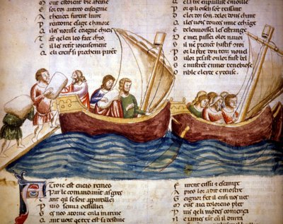 Lastning af last om bord, slutningen af det 13. århundrede. Miniature af "Roman de Troy"" af Benoit de Saint Maure. Biblioteca Marciana fra det 14. århundrede, Venedig af Unknown artist