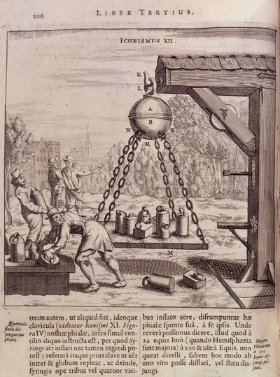 Indlæser suspenderede Magdeburg-halvkugler - i "Ottonis de Guericke: Experimenta Nova Magdeburgica de vacuo spatio"" af Otto von Guericke (Otto de Guericke af Unknown artist