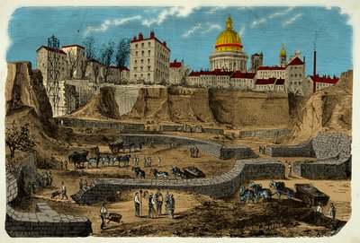 Placering af cirkus Gallo Romain, der går tilbage til det 2. århundrede f.Kr., opdaget i 1870 under boringen af rue Monge i Paris, gravering af det 19. århundrede af Unknown artist