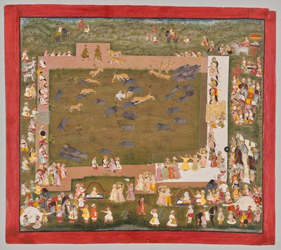 Maharana Sangram Singh II af Mewar (r. 1710-34) og iscenesætter en ornejagt med tigre ved Sadri af Unknown artist