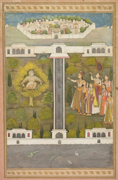 Mahliqa, datter af kejseren af Kina, der peger på fuglemanden Khwaja Mubarak: Et blad fra en poetisk romantik relateret til Shah Alam I (recto) af Unknown artist