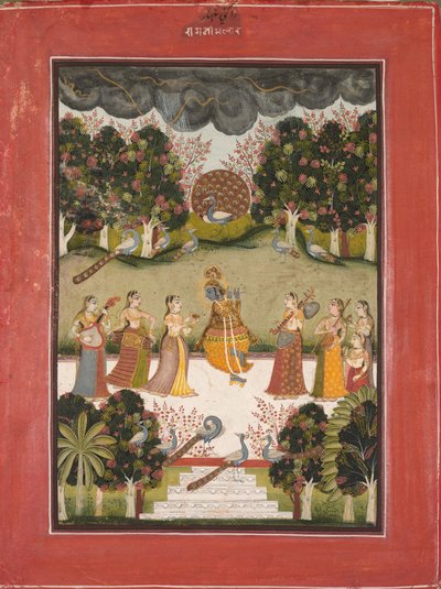 Malar Ragini: Krishna spiller på fløjten til Seven Gopis, der holder musikinstrumenter, fra Ragamala-serien af Unknown artist