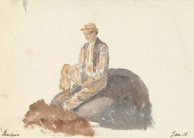 Mand, der sidder på en klippe (Madeira 16. januar) af Unknown artist